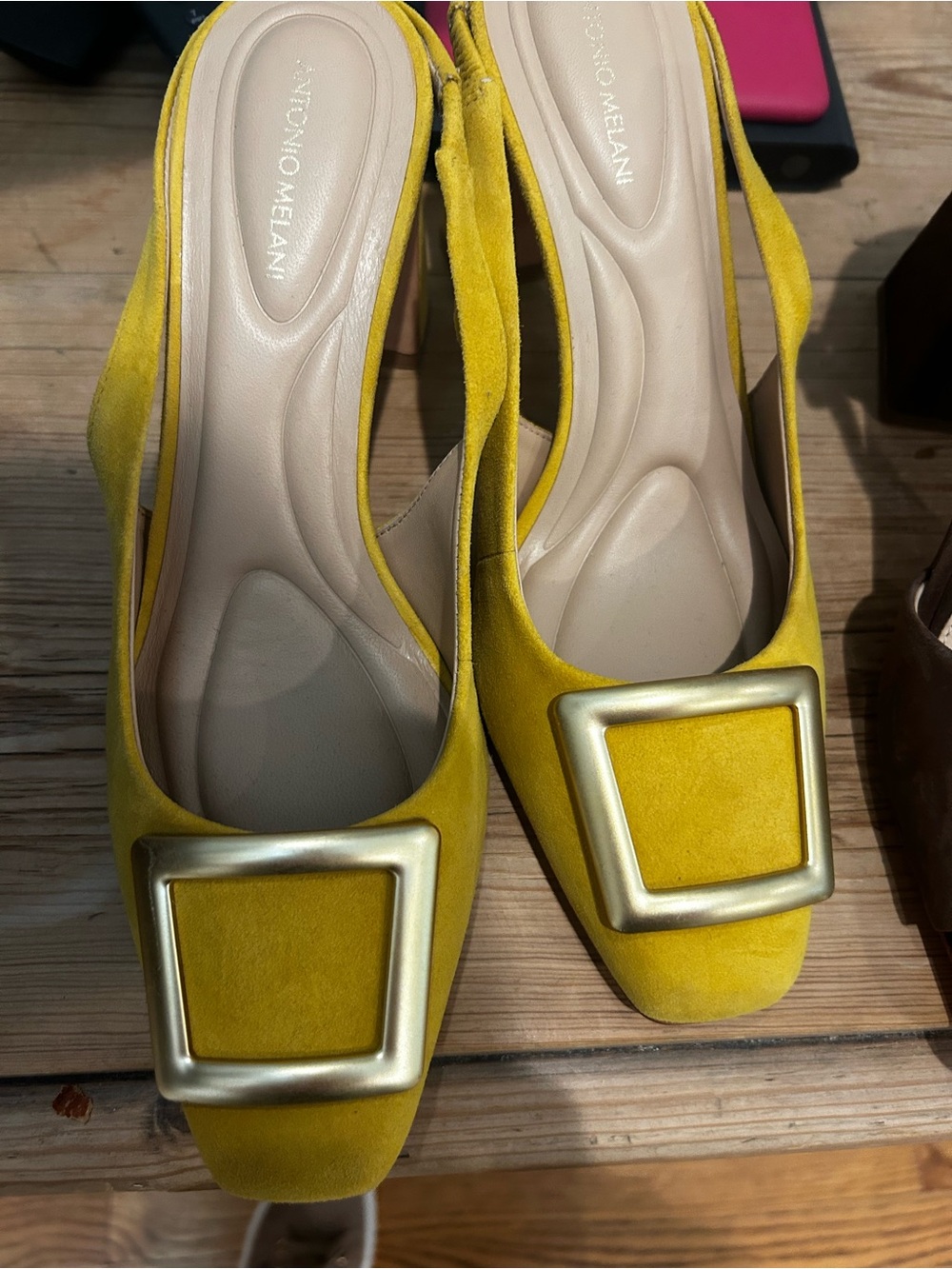ANTONIO MELANI Yellow Suede Slingback Flats with Gold Square Buckle